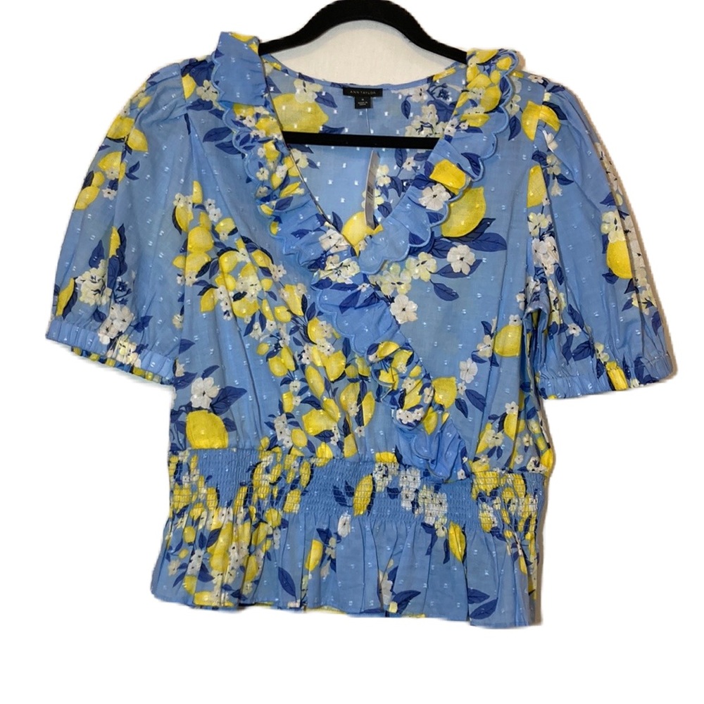Ann Taylor Blue Yellow Lemon Clip Scalloped Ruffle Faux Wrap Top Size M